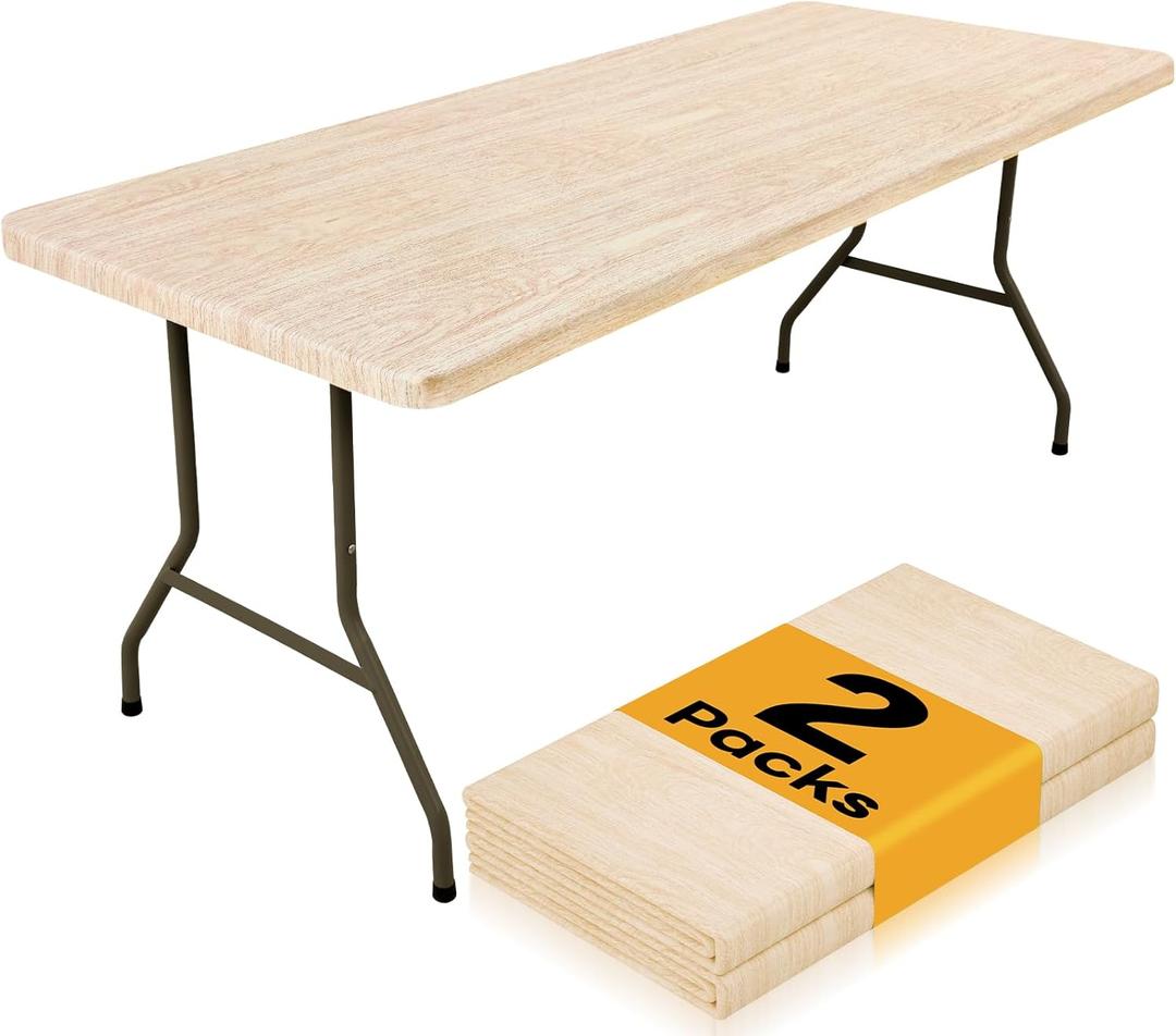 Smiry 2 Pack Rectangle Table Cloth 6 Foot, Waterproof Elastic Fitted Tablecloths, Windproof Washable Polyester Table Cover for Picnic, Camping, Outdoor (Ivory, 30"x72")