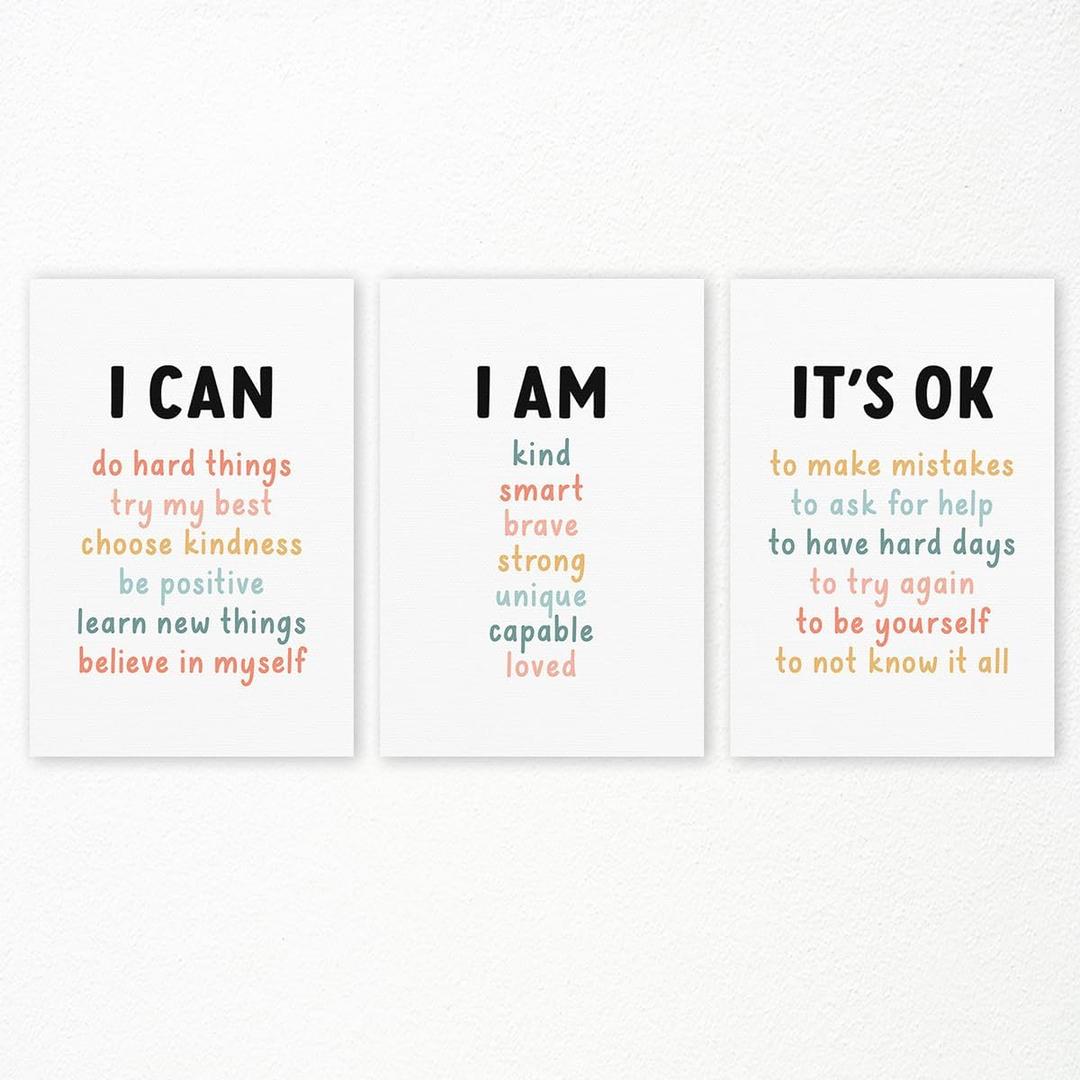 I Can Do Hard Things Canvas Poster, Set of 3 I Am Smart I Am Brave Inspirational Wall Art, Positive Affirmations Art for Kids, It's Ok To Do Daily Affirmations for Nursery Classroom 24x36in Unframed