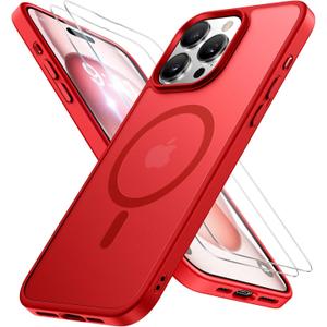 Miracase Magnetic for iPhone 15 Pro Case 6.1 inch (Compatible with MagSafe)with 2X Screen ProtectorsMilitary-Grade Protection, Anti-Fingerprint Translucent Matte Phone Cover, Red