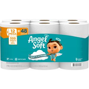 Angel Soft Toilet Paper, 12 Mega Rolls = 48 Regular Rolls, Soft and Strong Toilet Tissue (320 Sheet (Pack of 12))