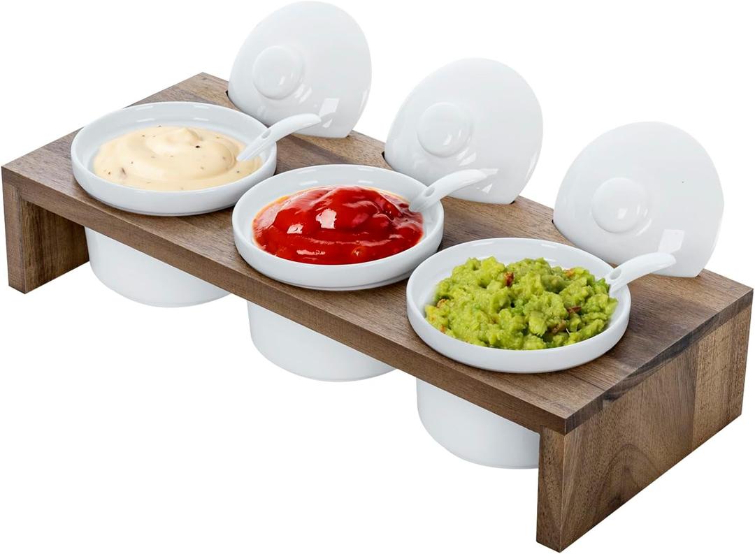 MyGift 10 Pcs Condiment Pot Serving Dish Set, Hosting Essentials, Premium Acacia Solid Wood Raised Display Server Tray and 3 Ceramic Ramekin Dip Bowls with Lids and Spoons