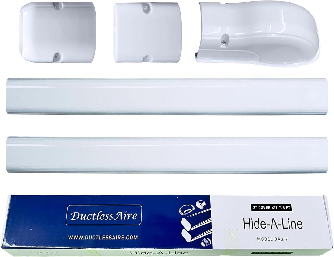 DuctlessAire White Paintable Mini Split Line Set Cover Kit - Cover for Ductless Mini Split AC & Heating System - Easy to Install Cover Kit with Wall Cap, Hide-A-Line, Coupler & End Cap (3" x 7.5 ft.)