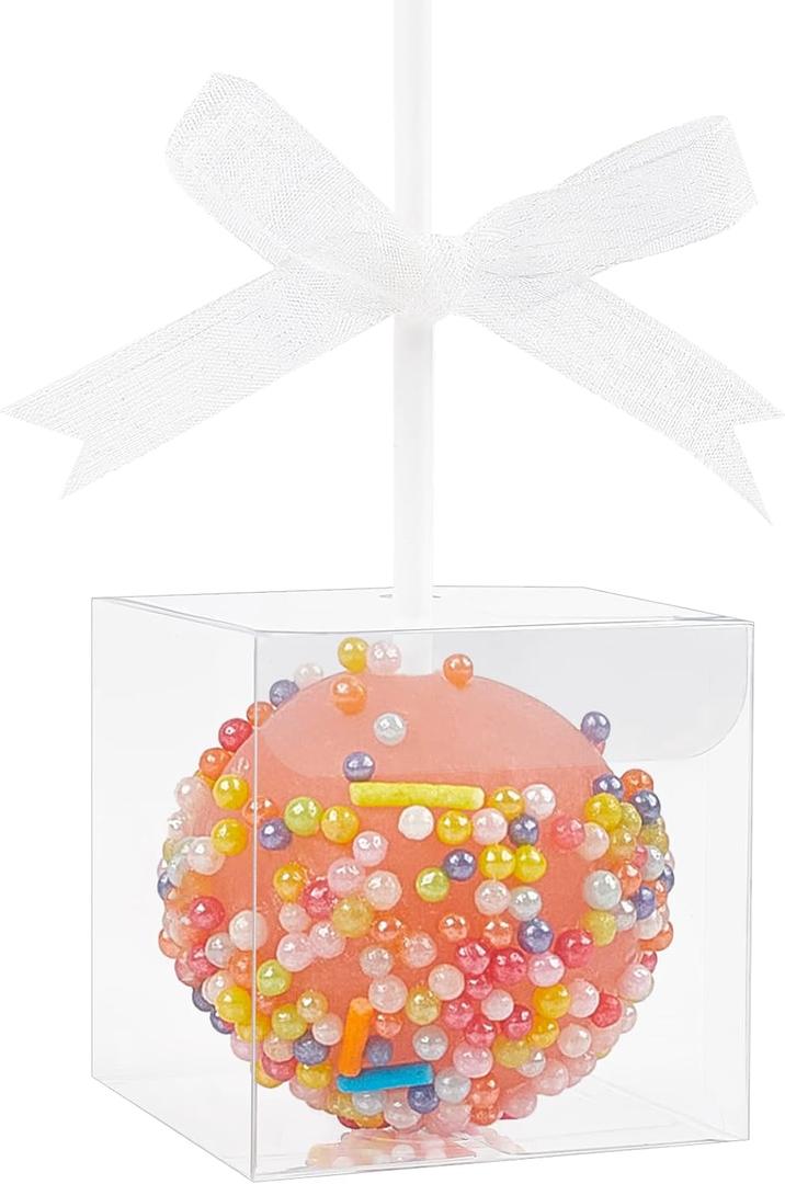 100 Pack Single Cake Pop Box With Hole for Stick and Ribbons 1.9x1.9x2 Inches, Clear Plastic Lollipop Candy Treat Boxes Individual Cake Pop Display Packaging Boxes
