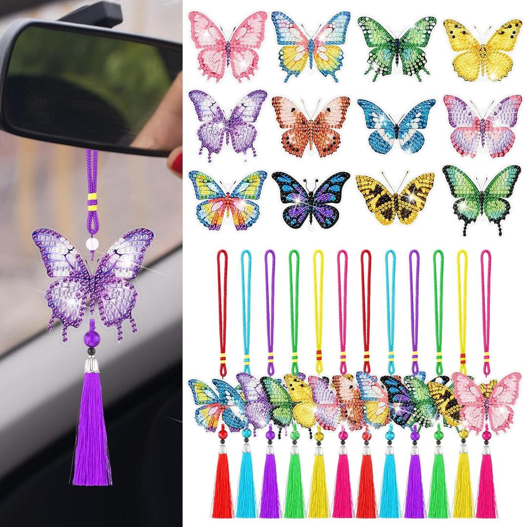 JenPen 12 Pcs Butterfly Diamond Art Kits Diamond Painting Car Ornaments Double Sided Butterfly Painting Keychain Hanging Ornament DIY Crafts Crystal Gem Paint for Adult Beginner Gifts