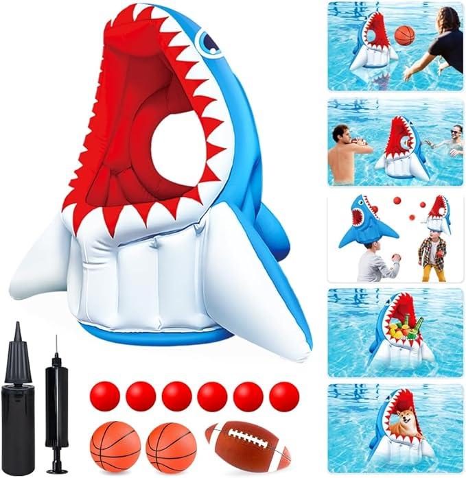 Bloolilies Inflatable Pool Floats, Kids Swimming Pool Toys 3in1 Shark Basketball & Football & Head Hoop for 3 4 5 6 7 8 Years Boys Girls Beach Backyard Party Water Games Birthday Gift