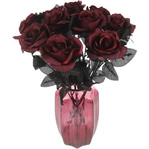 Tinsow 10 Pcs Artificial Roses Bouquet Faux Black Roses Bundles Fake Flowers Realistic Flowers Arrangements Halloween Decor (Maroon, 10)
