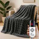 Electric Heated Blanket Throw 50"x60" Grey Ultra Soft Luxury Fluffy Faux Rabbit Fur Machine Washable 6 Heat Settings 4 Hours Auto Off Overheat Protection for Home Office Use