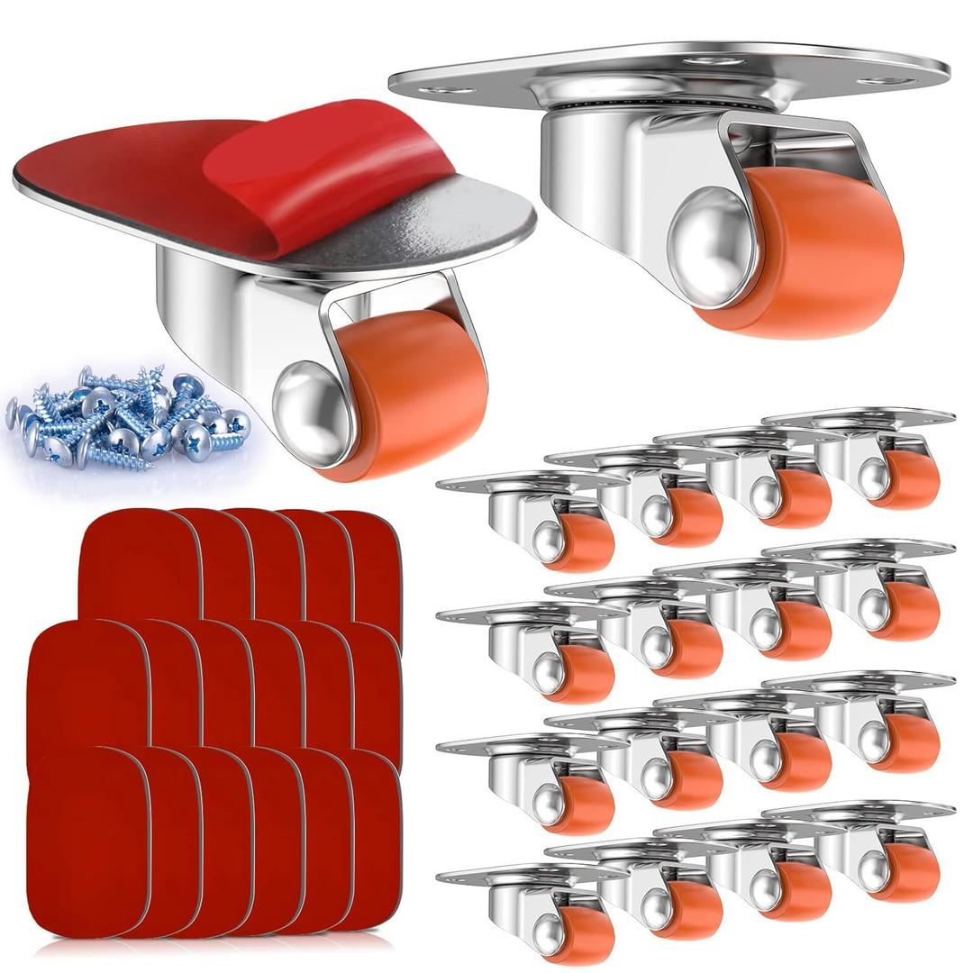 COOWOO 0.5" Oval Plate Self-Adhesive Caster Wheels, 360 Swivel, Strong Nano Adhesive, Steel Plate, 30 Lbs Load Capacity Per Caster, Easy Install, Pack of 16