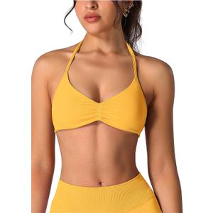 ABOCIW Women Seamless Halter Sports Bra Open Back Padded Gym Workout Crop Tank Tops Low Impact Bra (Yellow)