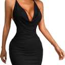 JOTWIS Women's Sexy Deep V Neck Backless Halter Mini Club Dress | Wrinkle-free,Halter Backless Design,Stretch Fabric,Club and Date Night Dress (Black, L)