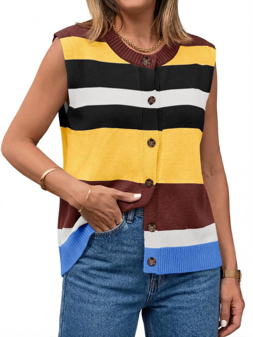 Tankaneo Womens Color Block Striped Sweater Vest Tops Summer Casual Button Up Knit Sleeveless Cardigan Tank Tops Yellow (M)