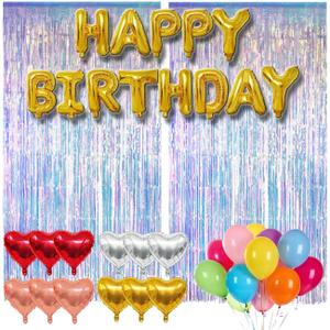 77Pcs Iridescent Birthday Party Decorations Kit, Happy Birthday Banner, Neon Transparent Holographic Tinsel Foil Backdrop, 4 Colors Foil Heart Balloons with Colorful Balloons Mermaid Frozen Sea Decor