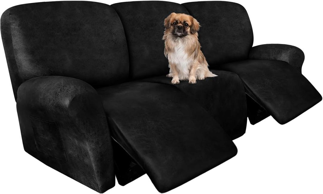 Recliner Couch Cover Leather Look Recliner Sofa Covers for 3 Cushion Reclining Sofa Slipcovers 8-Pieces Furniture Protector Spandex Fabric Washable (3 Seater, 02 Black)