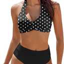 AI'MAGE Women's High Waisted Bikini Sets Tummy Control Swimsuits 2026 Two Piece Bathing Suits Color Block Halter Swim Suits (Black With White Dots)