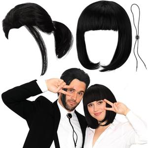 Wavwavw 7 Pcs Halloween Classic Film Character Couples Accessories Costume Set Short Black Pigtail Synthetic Hair Wigs Bolo Tie Straight Bob Wig Retro 90s Movie Cosplay Set for Adult Couple Cosplay