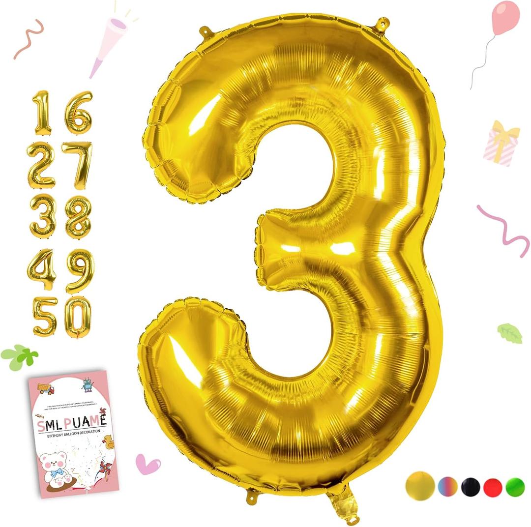 Smlpuame 40 inch Number Balloon 0-9 Gold Large Number 3 Balloons,Digital Balloons for Birthday Party Celebration Decorations Supplies, Helium Foil Number Balloons for Wedding Anniversary