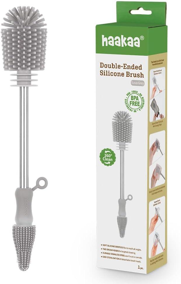 Haakaa Silicone Cleaning Brush Kit  Household Cleaning Brushes for Bottles and Crevices  Food-Grade Silicone: Dishwasher Safe (Brush-Grey)