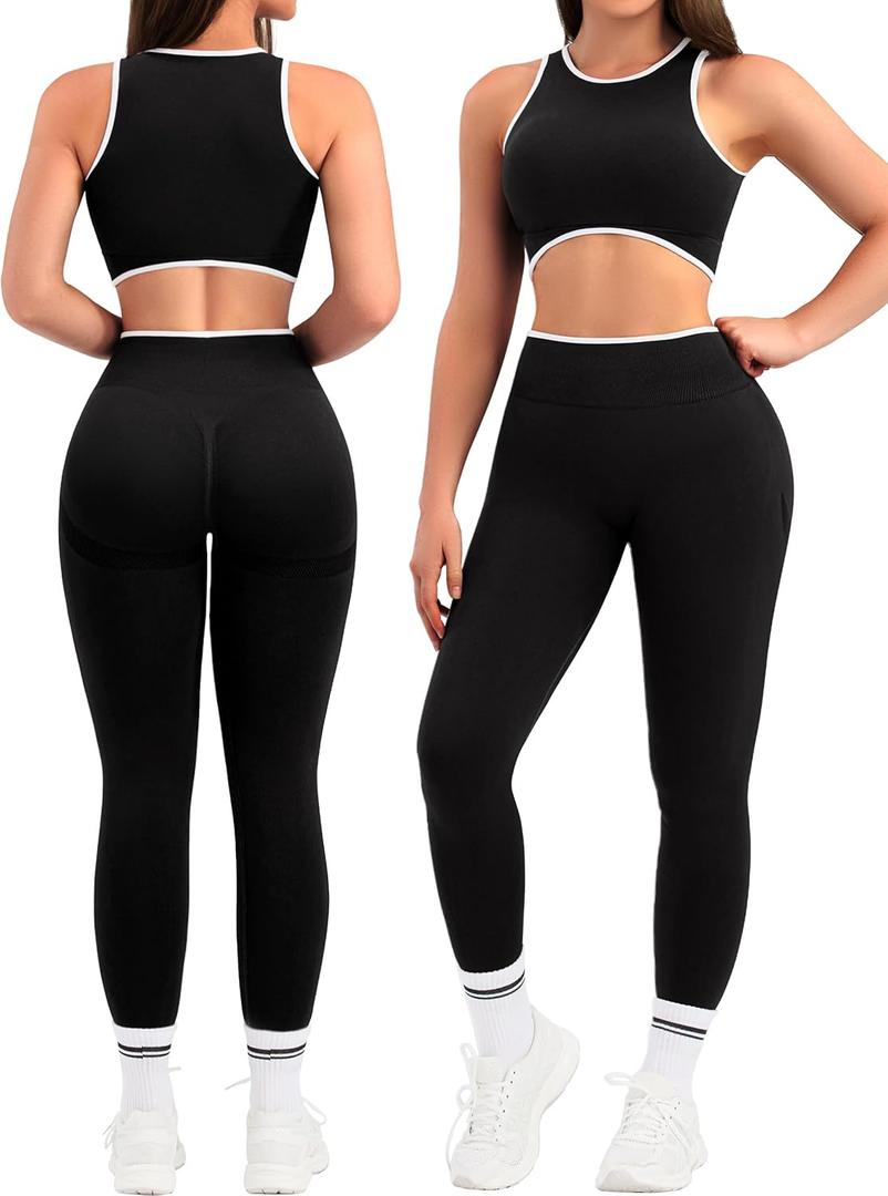 Relety Womens Workout Sets 2 Piece Seamless Crop Tank Top High Waist Leggings Contrast Trim Padded Racerback Bra Yoga Outfits - Black Large (Black, L)