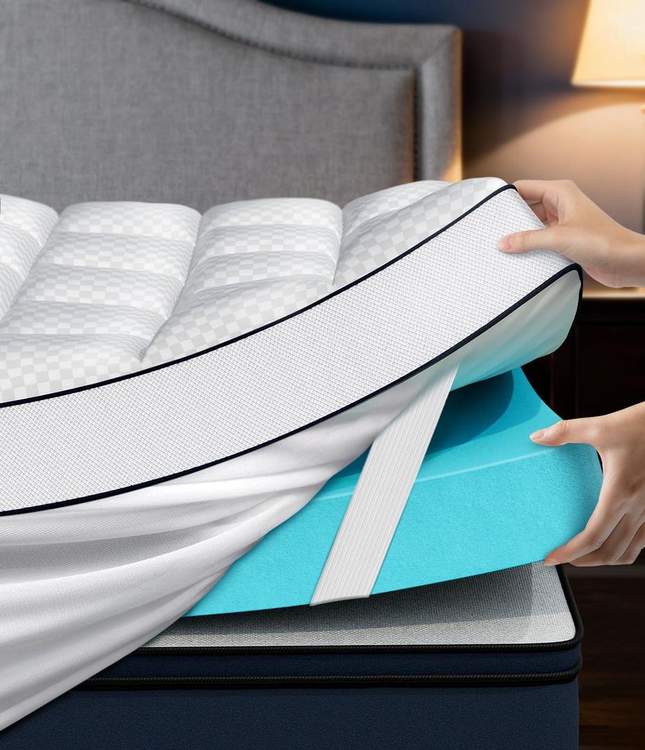 Dual Layer 4 Inch Memory Foam Mattress Topper Queen Size, 2" Cooling Gel Memory Foam & 2" Pillow Top Bed Topper, CertiPUR-US Mattress Cover for Pressure Relief, 21" Deep Pocket, White