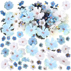 Geosar 120 Pcs Small Flowers for Crafts Spring Mini Faux Flowers Artificial Silk Fabric Floral Daisy Peony Floral Decorations DIY Wreath Accessories for Wedding Home Decor. (Blue, Fresh Style)