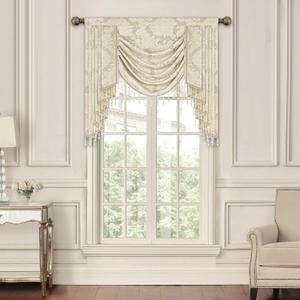 Loom and Mill Luxury Jacquard Waterfall Valance for Living Room, Elegant Damask Swag Window Valances with Beads, Beige Swag Curtains for Bedroom Banquet Holiday Decoration(W39Inch,1 Panel)