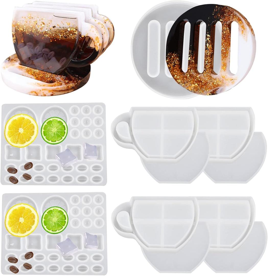 11-Piece Set of Resin Coaster Molds - Coffee Cup, Shaker, Quicksand, Coffee Beans & Lemons for DIY Casting