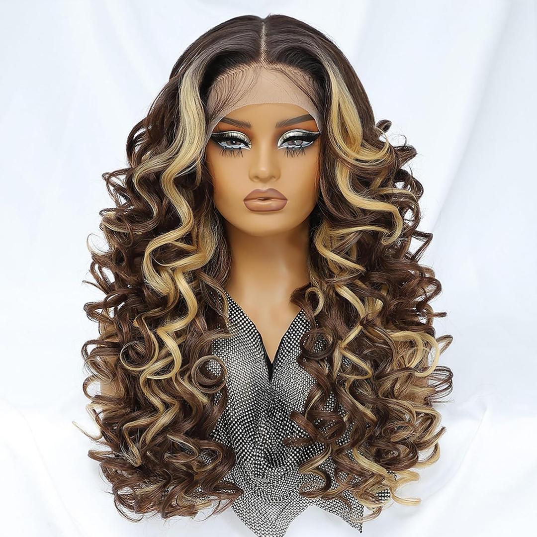 Felek Honey Blonde Wig Long Synthetic Loose Wave Lace Front Wigs for Black and White Women Ombre Brown 13x6 HD Transparent Lace Frontal Wigs Pre Plucked Wear and Go Glueless Curly Wig 24 inch P4/27