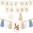 1/2 Birthday Boy Half Birthday Decorations - Half Way to One Banner Cake Topper Tassel Wood Bead High Chair Banner Hat for Boys and Girls 6 Months Birthday Decorations Party Supplies (Baby Blue)