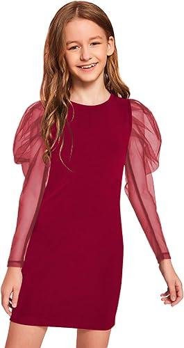 WDIRARA Girl's Sheer Mesh Puff Long Sleeve Round Neck Bodycon Mini Dress, 9 Years Old