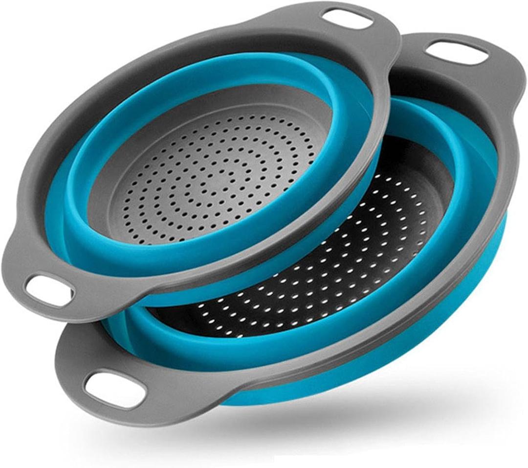 2 Pack Collapsible Silicone Colander with Handle, Over Sink Foldable Food Strainer, BPA-Free Space Saving Drain Basket for Vegetables, Fruits, Pasta, Kitchen & Camping (Blue)