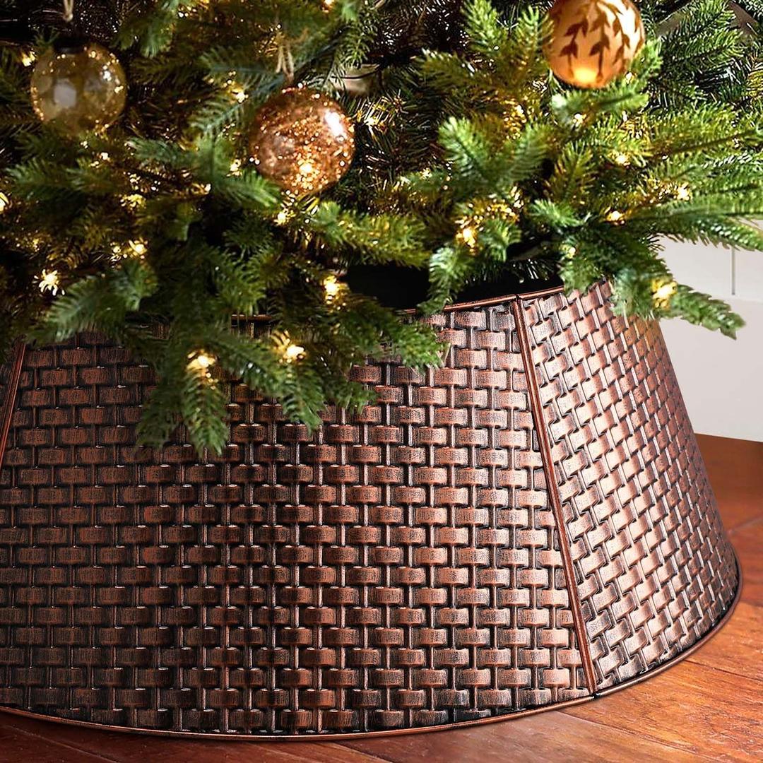 Metal Christmas Tree Collar - 28" Christmas Tree Ring Xmas Tree Base Cover Stand, Tree Basket Decorations Gift, Holiday Decor Christmas Decorations Indoor Outdoor(Bronze)