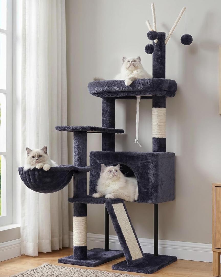 Gitelsnour Cat Tree for Indoor Cats, Cat Tower with Scratching Post for Small Cats and Kittens, Cat House with Removable Top Platform and Fluffy Balls, Hanging Cat Basket, Smoky Gray GCT006SG (49.2 inches)