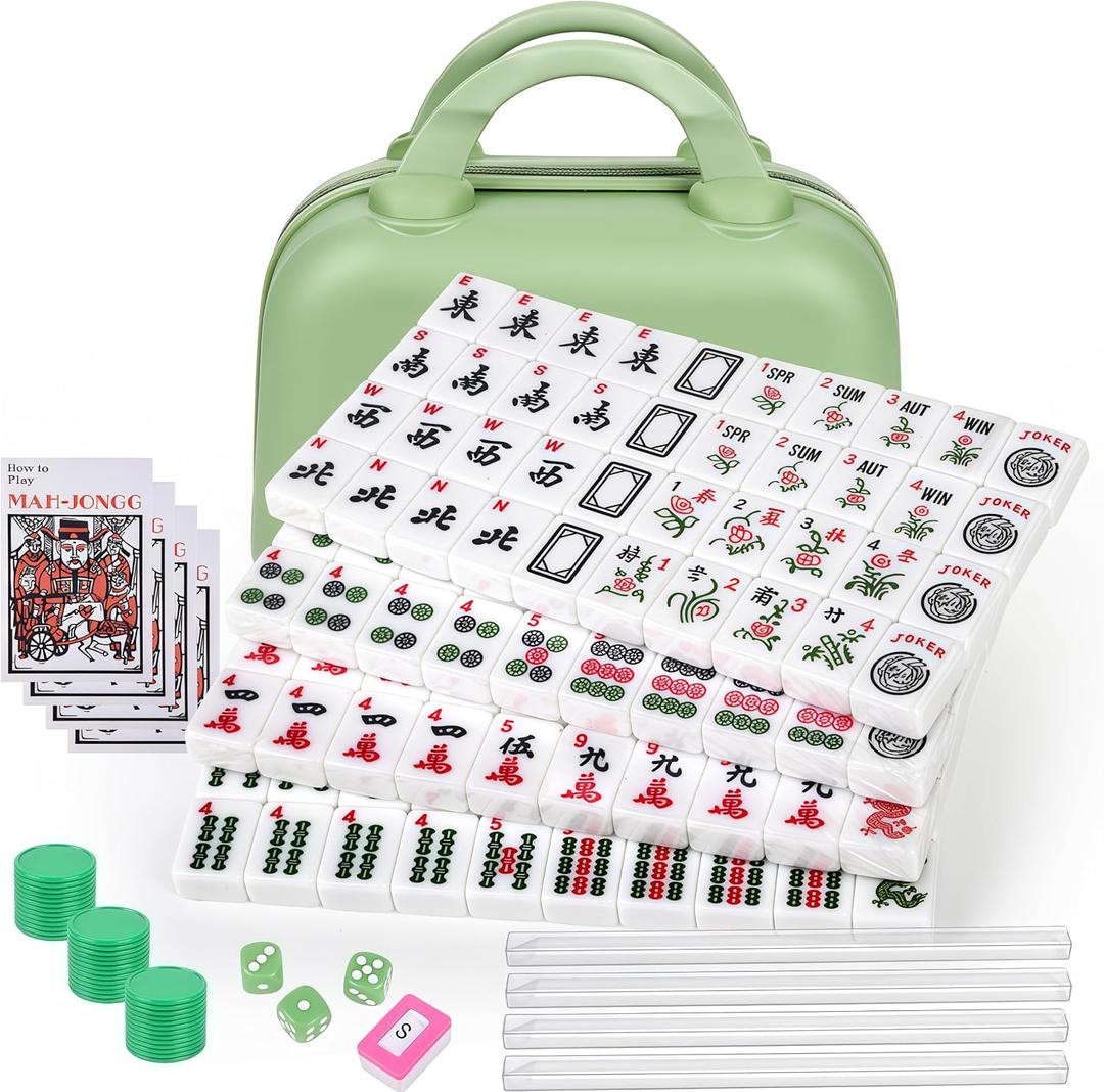 Portable American Mahjong Set, 166 Mahjong Tiles with Carrying Bag, 3 Dice, 40 Chips, Wind Indicator, Instruction Book, Compact Travel Game Set, Mini