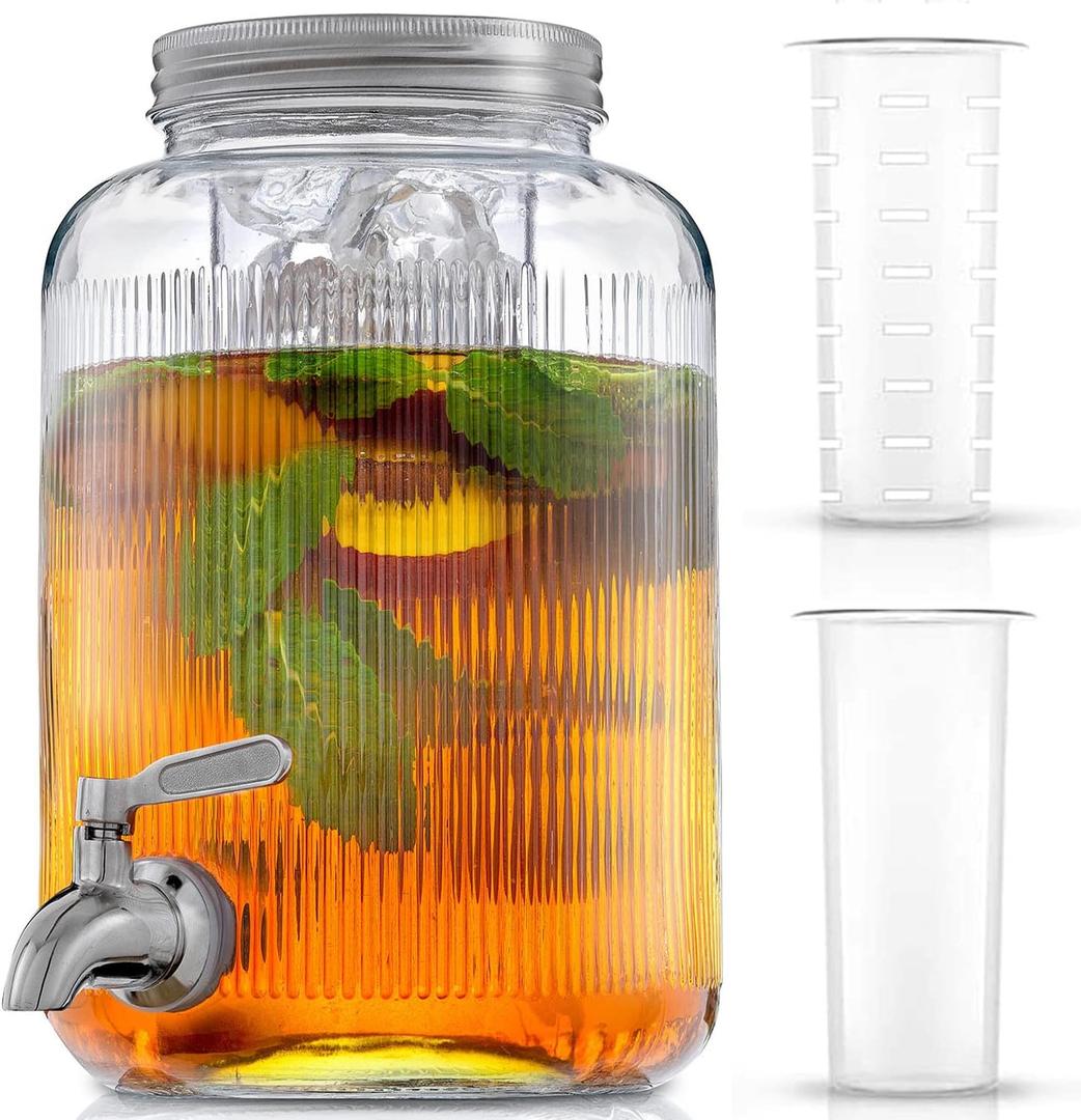 Fluted 1-Gallon Drink Dispenser. Glass Beverage Dispenser with Stainless steel Spigot plus Ice Cylinder and Fruit Infuser! Water Dispenser, Lemonade Stand, Juice Container - Dispensers for Parties