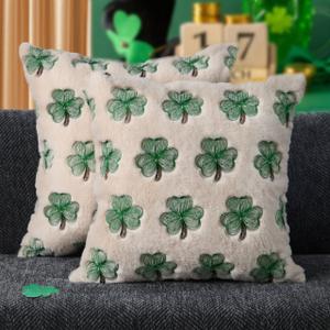 St Patricks Day Pillow Covers 20x20 Inch Set of 2 Green Embroidery Shamrock Decorative White Soft Plush Faux Wool Throw Pillows for Couch Sofa Bedroom Holiday Home Decor MRD02B50