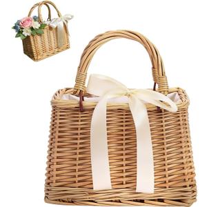 Handwoven Straw Basket Purse,Bohemian-style Flower Girl Baskets for Weddings + Versatile Everyday Basket Bag for Multiple Occasions