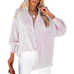 Women's Smocked Cuffed Striped Boyfriend Shirts Button Down Casual Collar Long Sleeve Blouse Shirt Tops (L)