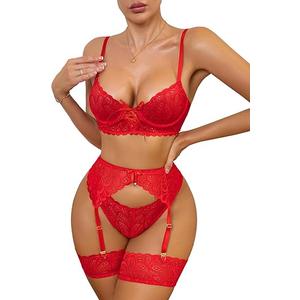 Lilosy Sexy Bow Feather Floral Lace Sheer Underwire Push Up Garter Lingerie Set (M, Red)