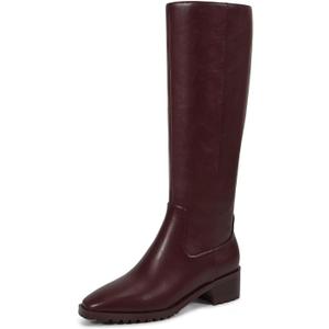 ISNOM Knee High Boots Women Chunky Low Heel Square Toe Elastic Boots Side Zipper Faux Leather Fall Long Tall Boot (7.5, Burgundy-block Heels)