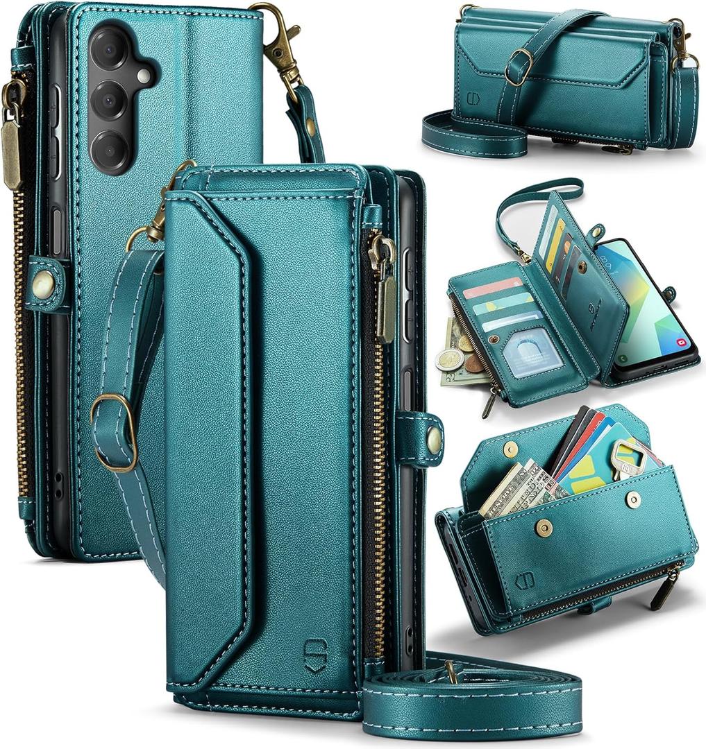 Wallet Case Compatible with Samsung Galaxy A16 5G RFID Blocking Card Holder Soft PU Leather Shoulder Strap Zipper Pocket Magnetic Snap Phone Case Fit for Galaxy A16 6.5" - Bluegreen