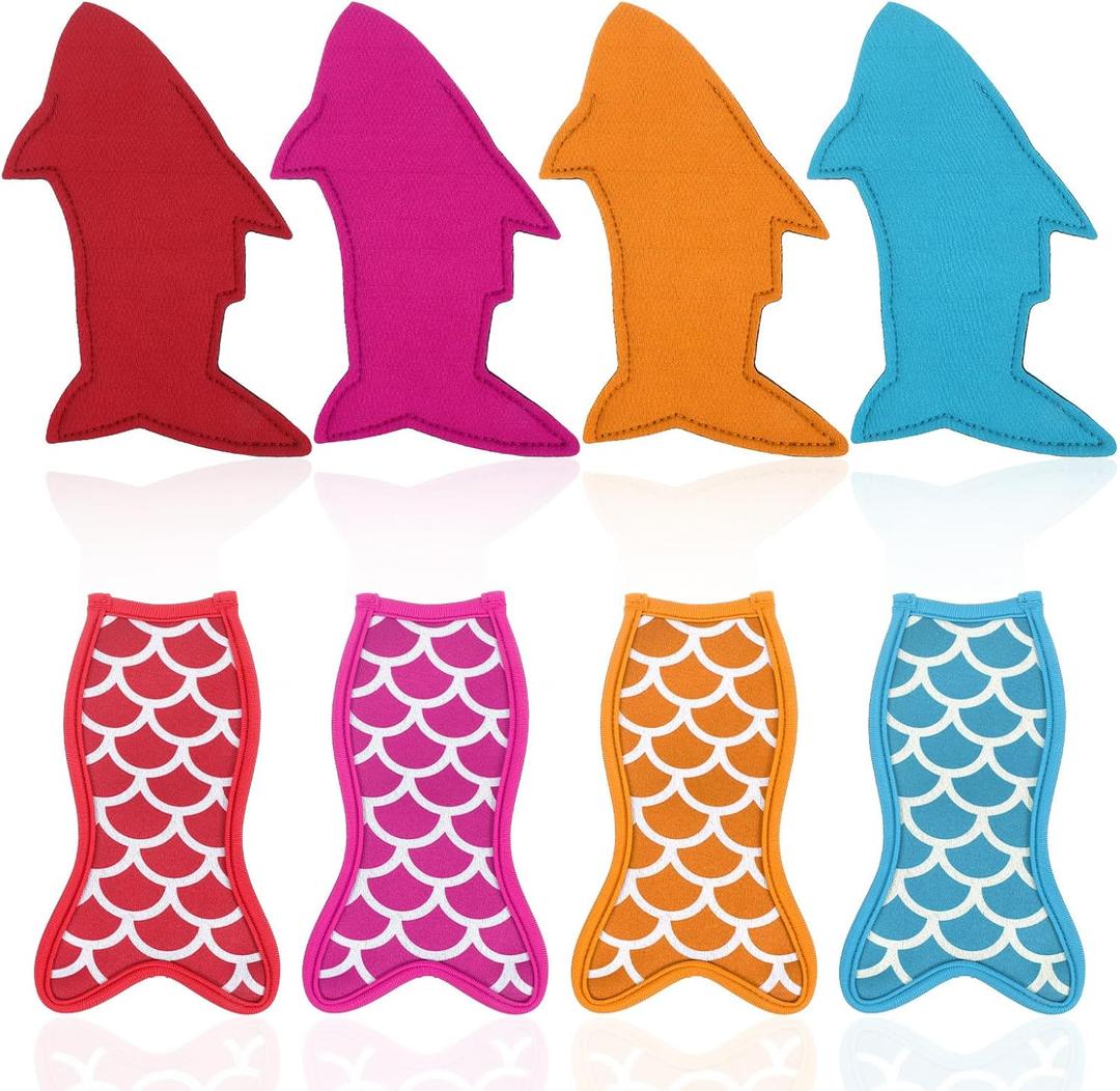 8 Pack Popsicle Holders for Kids, Mermaid and Shark Ice Pop Sleeves Popsicle Holder, Reusable Neoprene Ice Pop Sleeves (Lake Blue, Rose Red, Orange, Bright Red)
