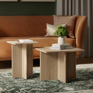 Square Fluted Nesting Coffee Table - Low Profile 2 Piece Square Coffee Table Set - Living Room Furniture - Modern Home Decor - Fluted Style with Solid Oak Base (Natural Oak)