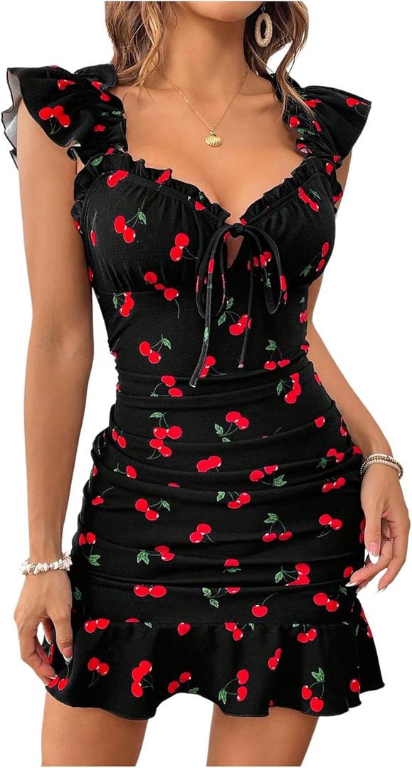 MakeMeChic Women's Cherry Print Ruffle Sleeve Dress Ruched Frill Trim Tie Front Bodycon Mini Dresses (Black)
