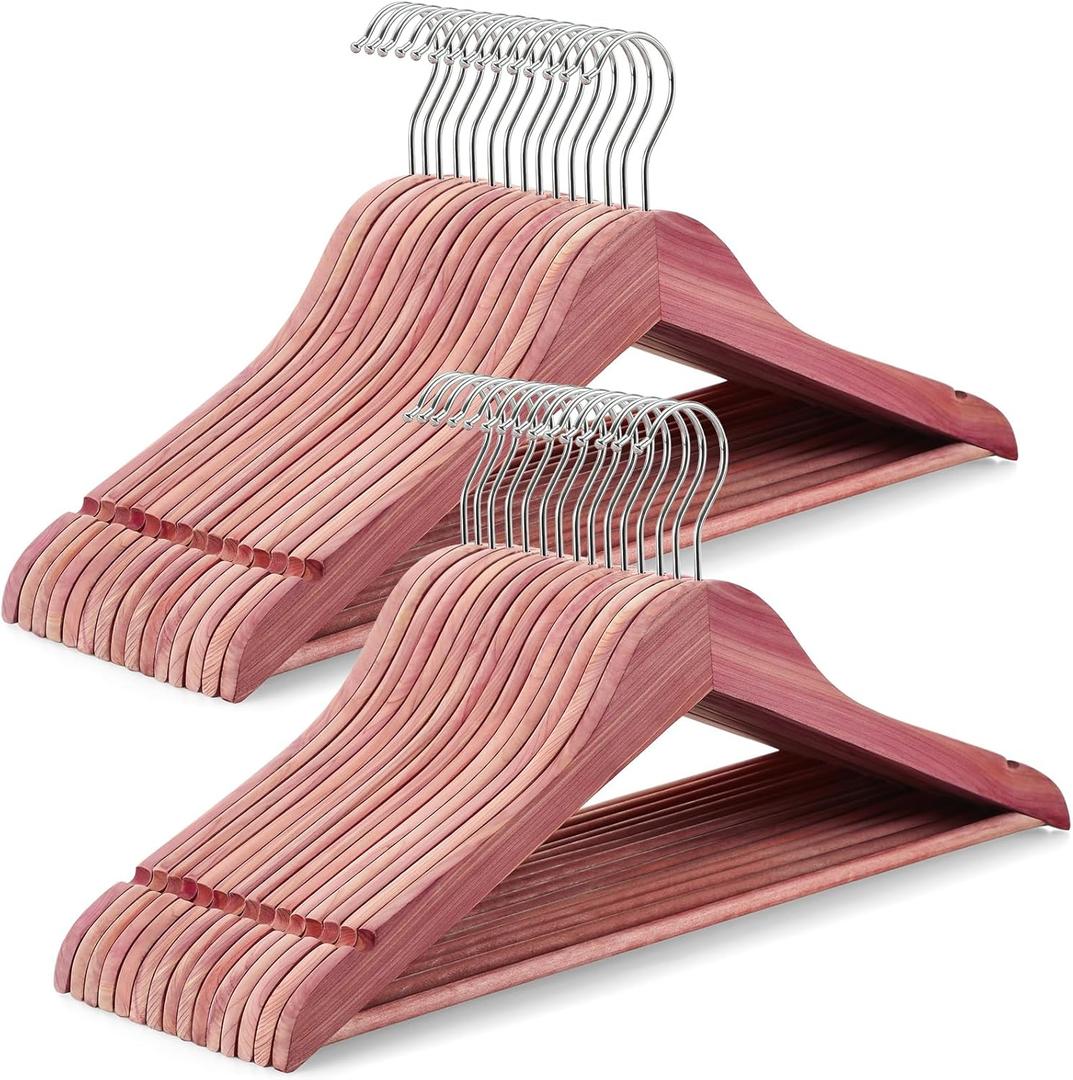 TOPIA HANGER 30-Pack American Red Cedar Wooden Hangers, Clothes Hangers for Closet, Wood Coat Hanger with Smooth Cut Notches, 360 Swivel Hook, Non-Slip Pants Bar-CT54C30