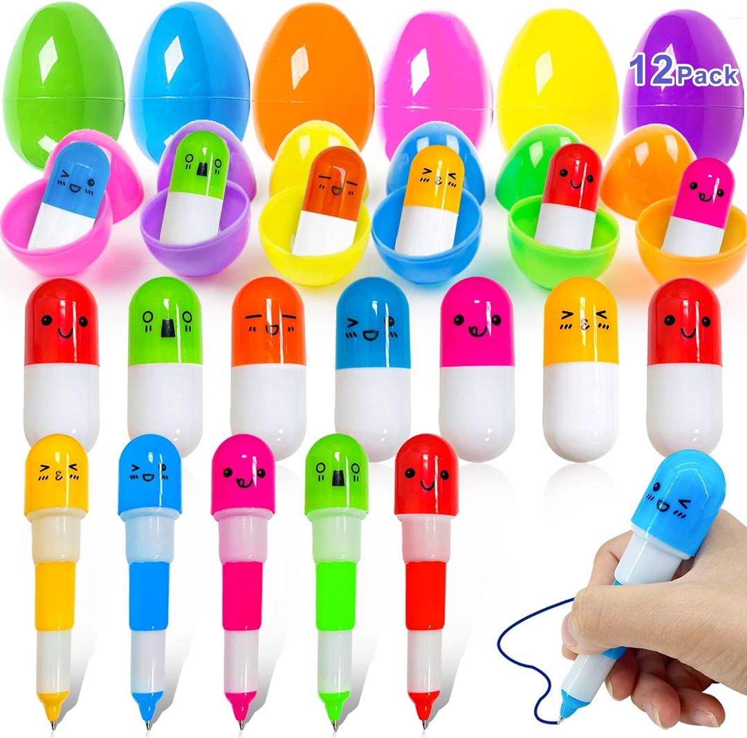 Easter Basket Stuffers Novelty Pen Transform Filled Easter Eggs with Toys Inside, 12 Pack Easter Party Favors Kids Toddlers Surprise Egg Fillers 12 Eggs 12 Pen Total 24 Classroom Exchange Gift Hunt