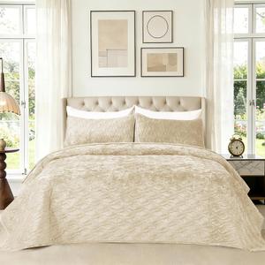 Premium Quality Velvet Quilted Bedding Set King Size Comforter 98x106 Cozy Solid Bedspread 3 PCS with 20x36 Pillow Shams Ultra-Soft Feel All Season Comfort,Beige