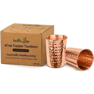 HealthAndYoga qCup Pure Copper Tumblers for Drinking - Ayurvedic Health Pure Copper Cups  2 pcs. set - 250 ml.(8 fl oz) (Hammered)