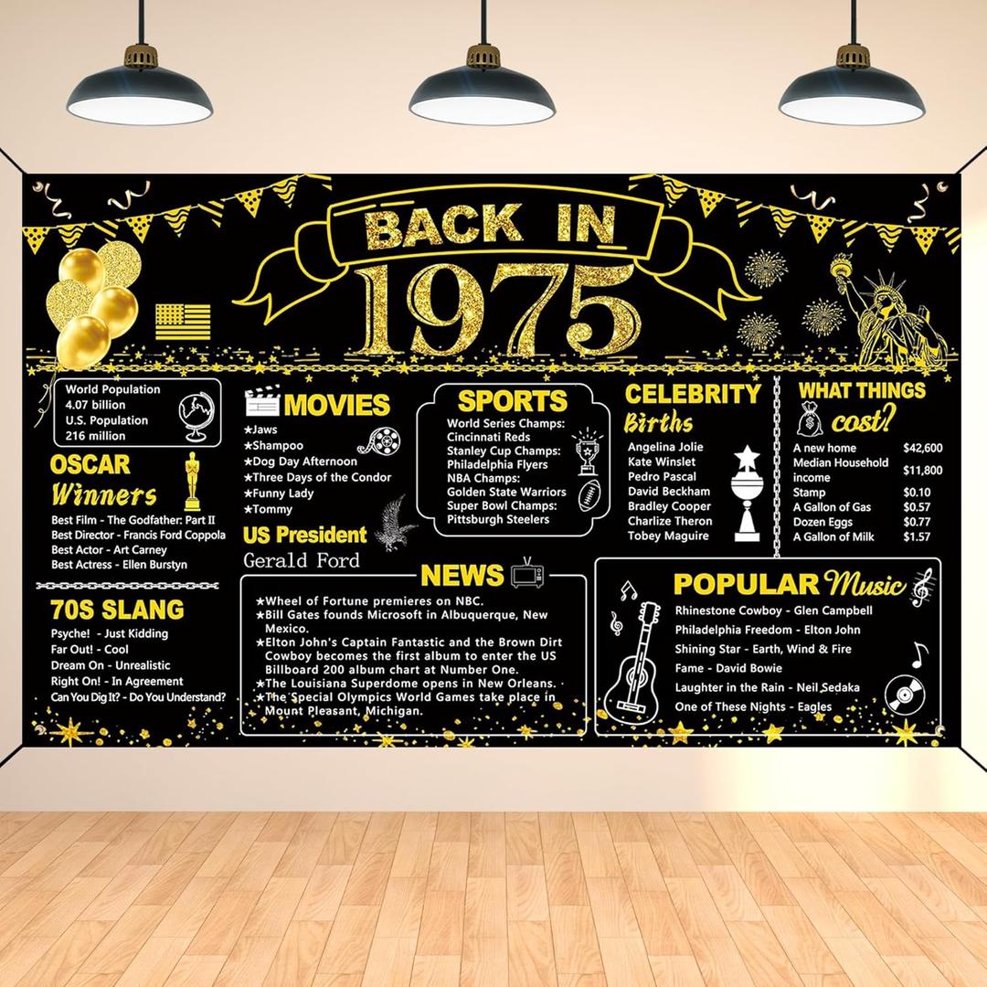 DARUNAXY 50th Birthday Black Gold Party Decoration, Back in 1975 Banner 50 Year Old Birthday Party Poster Supplies Vintage 1975 Backdrop Photography Background for Men & Women 50th Class Reunion Decor
