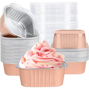 40 Pack Mini Cake Pans with Lids, 5oz Square Aluminum Foil Brownie Baking Cups, Muffin Tin Ramekins, Disposable Dessert Cupcake Cups for Wedding Birthday Party, Champagne