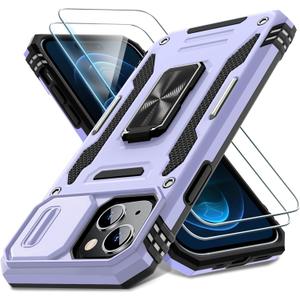 DEERLAMN Case for iPhone 15 with Slide Camera Cover + Screen Protector (2 Packs), Rotated Ring Kickstand Military Grade Shockproof Protective Cover-Light Purple